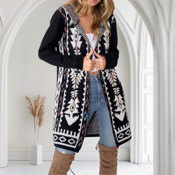 Black Aztec Rainbow Western Hooded Knit Cardigan Long Sleeve Open Sweater - Picture 2 of 3